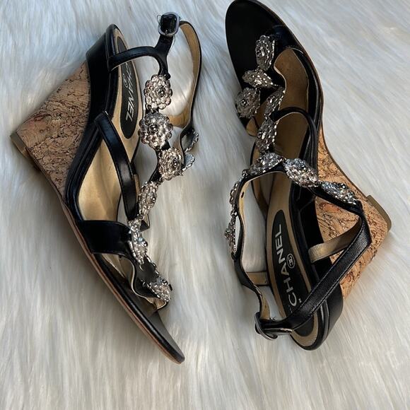Chanel Black Camellia Charm Wedge Sandals - Picture 2 of 15